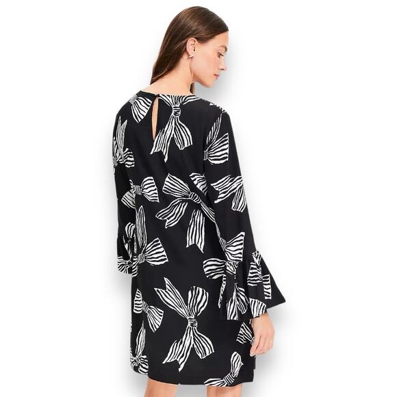 Ann Taylor LOFT NWT Women Bow Flounce Cuff Mini Dress L Black White Bell Sleeve - Picture 4 of 14